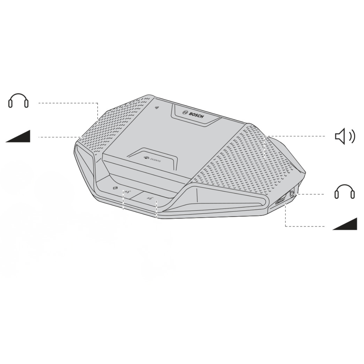 Bosch DCNM-D discussion device: request button, chairperson button, headphone sockets and loudspeaker