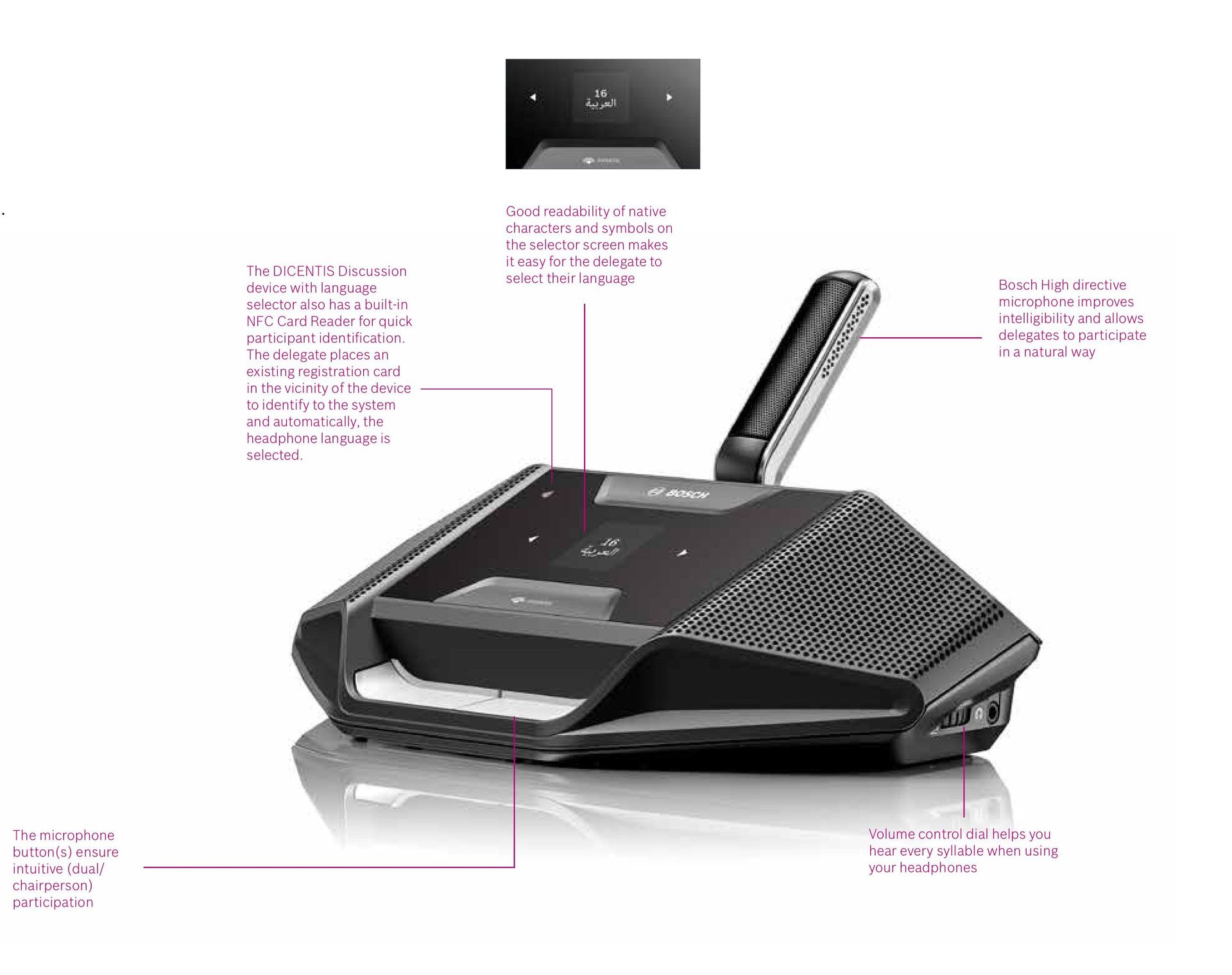 Bosch DICENTIS DCNM-DSL delegate controls, language selector, NFC reader and microphone